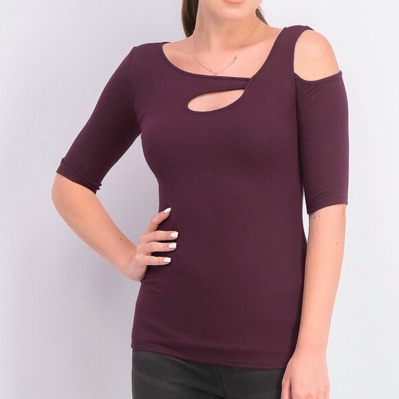 Goldray Garima Asymmetric Cold Shoulder Tops, Burgundy, Size M - Picture 2 of 12